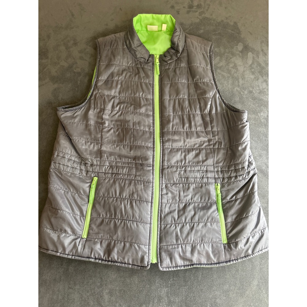 Rafaella Gray Neon Green Quilted Puffer Vest Womens XL Full Zip Pockets